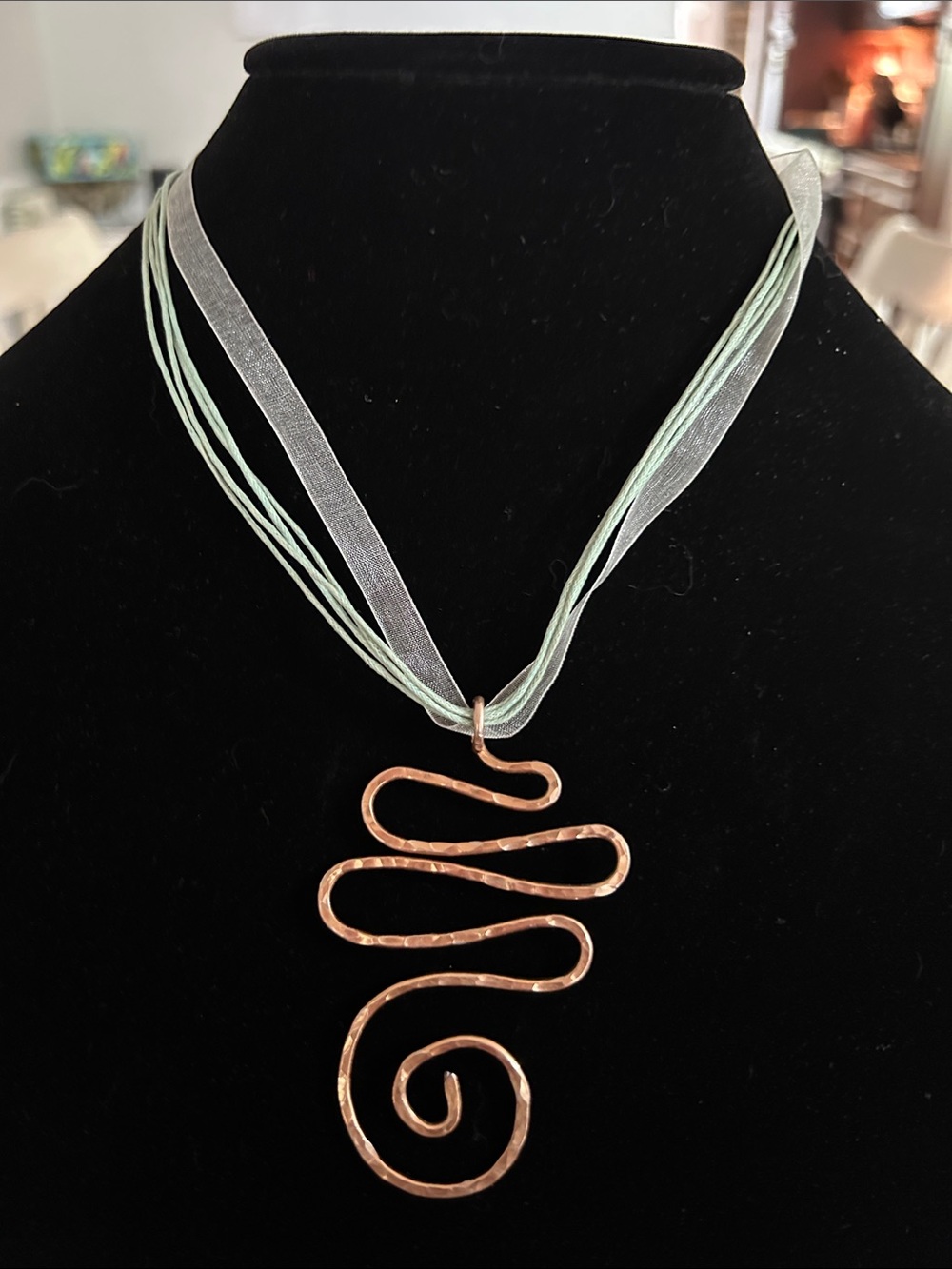 Copper Spiral Pendant Necklace on Mint Ribbon